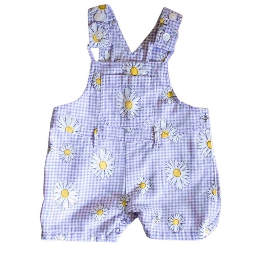 Vintage lavender gingham checked shortalls with white daisy pattern